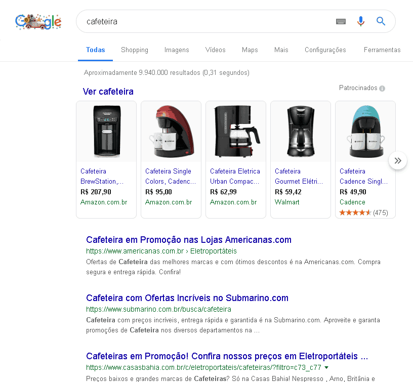 Resultados para Busca de Cafeteira no Google